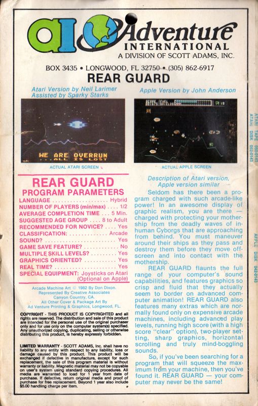 Back Cover for Rear Guard (Atari 8-bit)