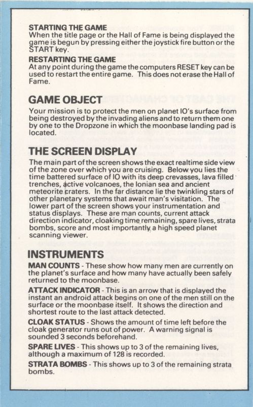 Inside Cover for Dropzone (Atari 8-bit)