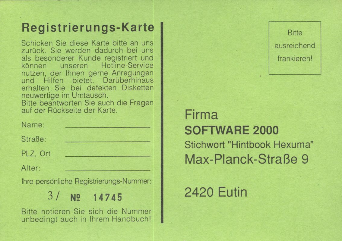 Extras for Hexuma: Das Auge des Kal (DOS): Registration Card - Front