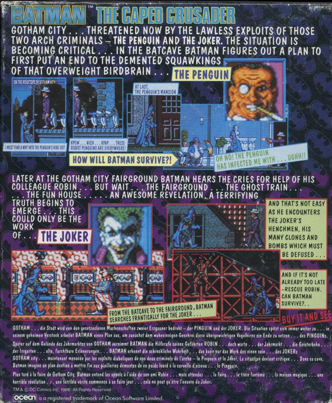 Back Cover for Batman: The Caped Crusader (DOS) (5.25" floppy release)
