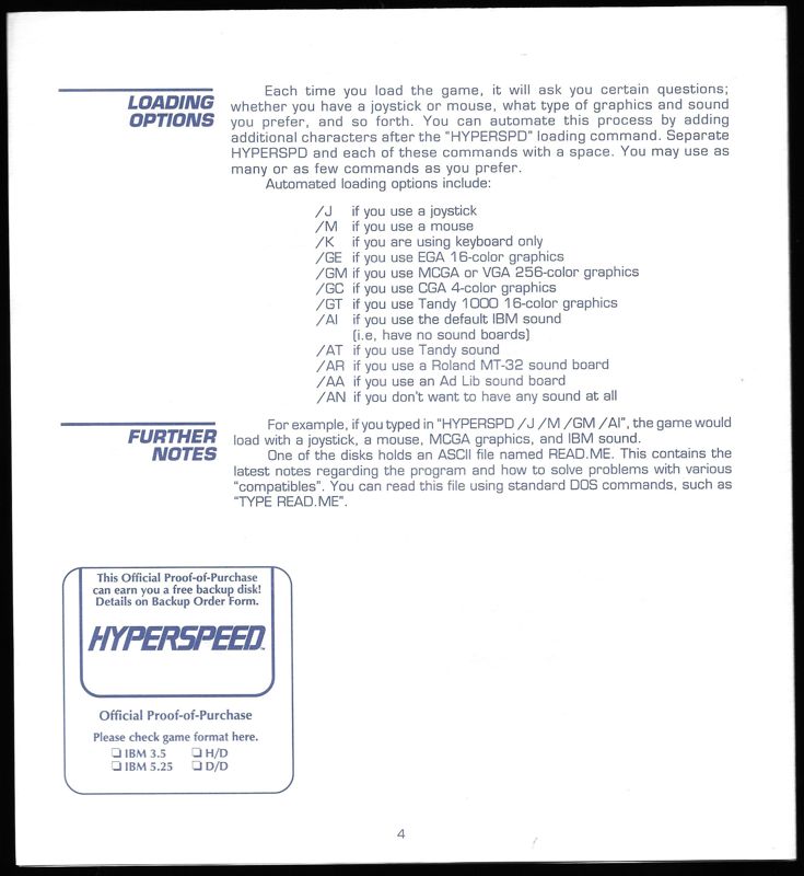 Extras for Hyperspeed (DOS) (5.25" Disk version): Technical Supplement - Back