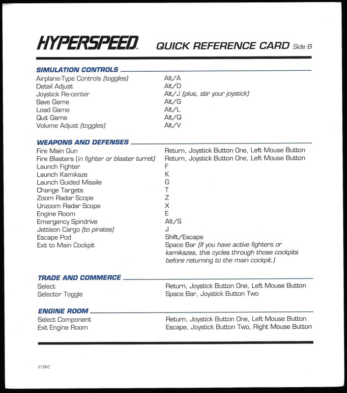 Reference Card for Hyperspeed (DOS) (5.25" Disk version): Side B - Back