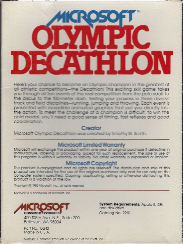 Back Cover for Olympic Decathlon (Apple II)