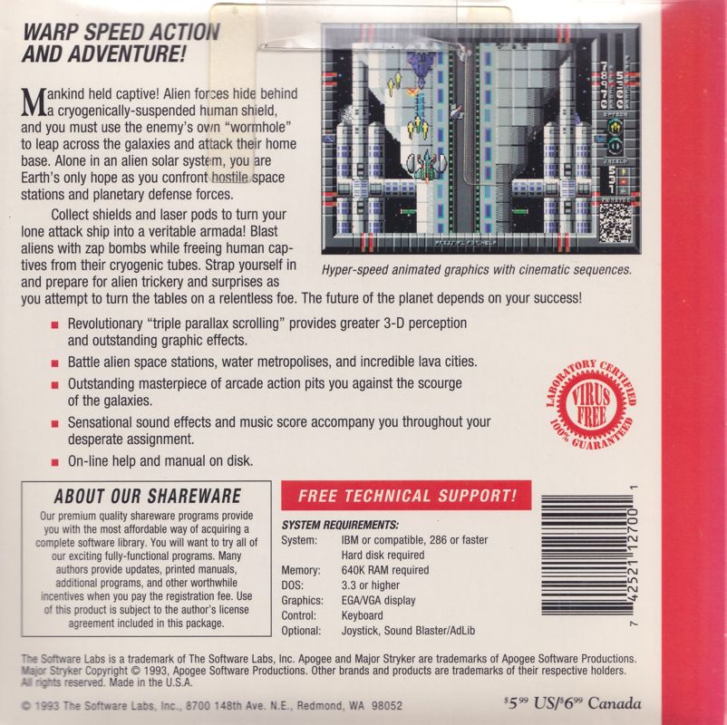 Back Cover for Major Stryker (DOS) (Software Labs shareware release)