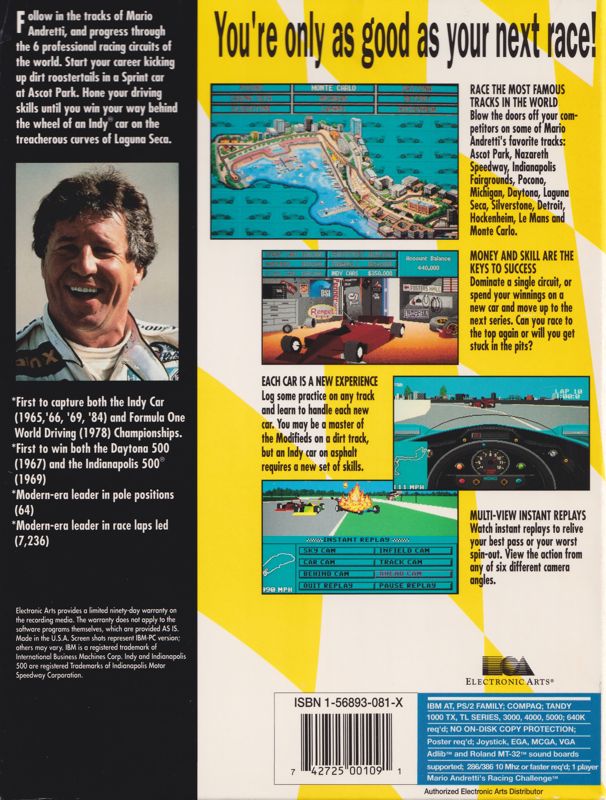 Back Cover for Mario Andretti's Racing Challenge (DOS) (5.25" Disk version)