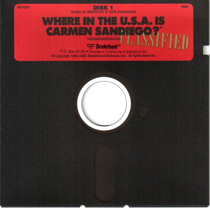 Media for Where in the U.S.A. Is Carmen Sandiego? (Enhanced) (DOS) (The release with Fodor's USA travel guide): 5.25 disc 1 of 2