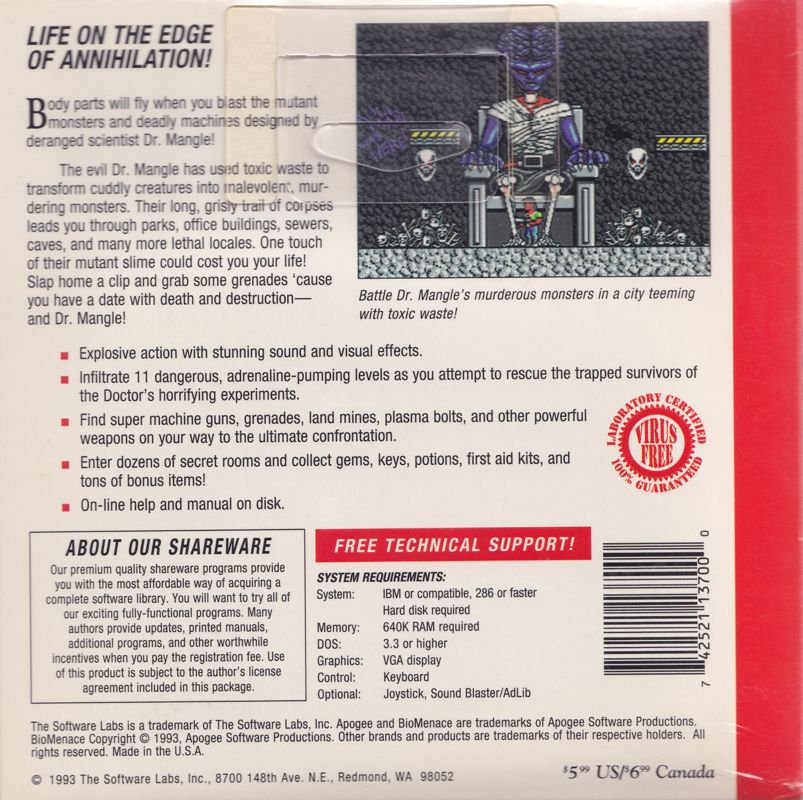 Back Cover for Bio Menace (DOS) (Software Labs shareware release)