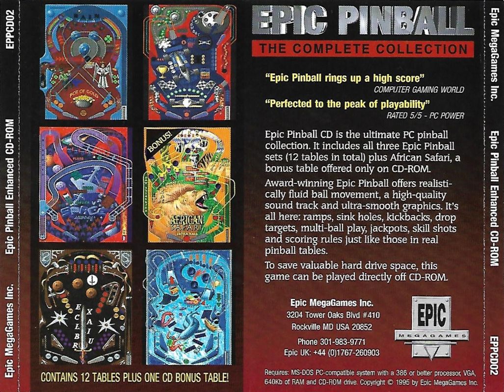 Back Cover for Epic Pinball: The Complete Collection (DOS) (CD-ROM version (mail order release))