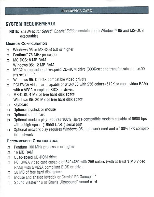 Reference Card for The Need for Speed: Special Edition (DOS and Windows)