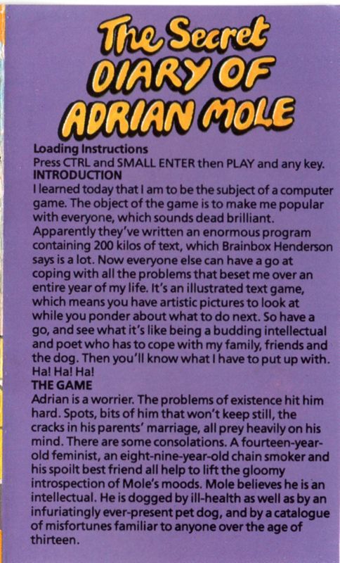 Inside Cover for The Secret Diary of Adrian Mole Aged 13¾ (Amstrad CPC) (Alternative Software budget reissue)