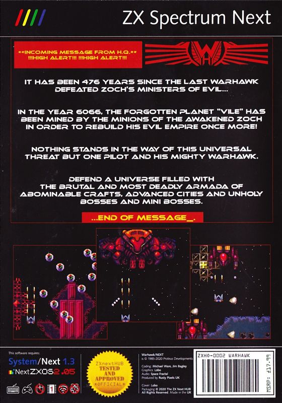 Back Cover for Warhawk (ZX Spectrum Next) (mail order release)