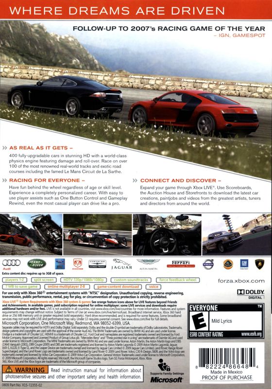 Back Cover for Forza Motorsport 3 (Xbox 360)