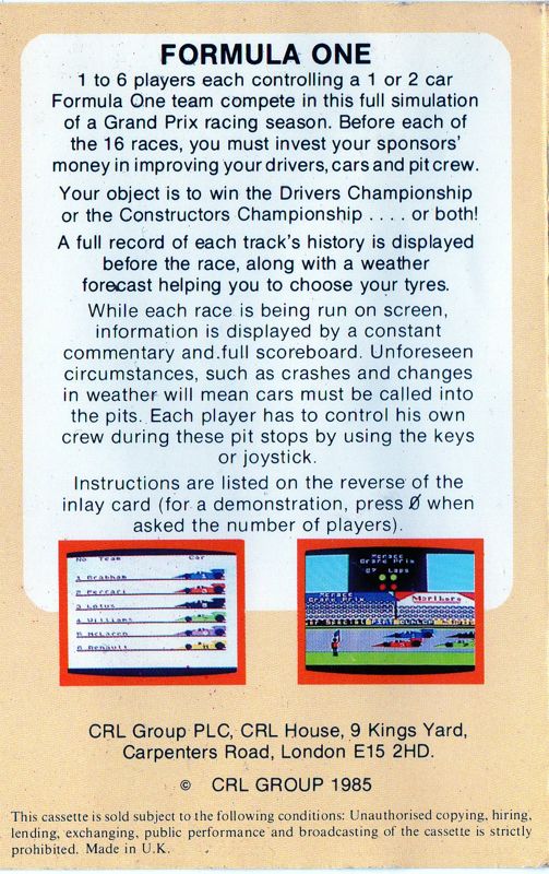 Back Cover for Formula One (ZX Spectrum)