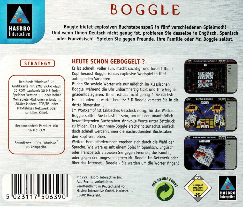 Back Cover for Boggle (Windows) (Hasbro Interactive Classics release)