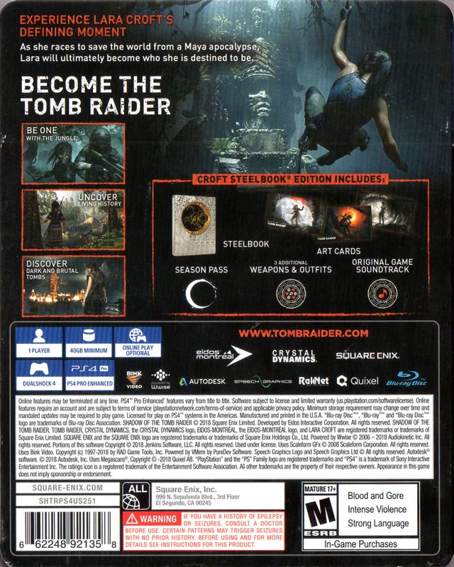 Back Cover for Shadow of the Tomb Raider (Croft Steelbook Edition) (PlayStation 4)