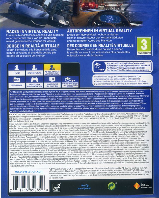 Back Cover for Driveclub VR (PlayStation 4)