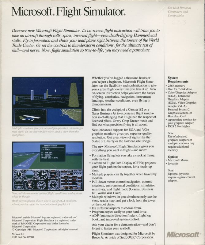 Back Cover for Microsoft Flight Simulator (v3.0) (DOS) (Alternate release)