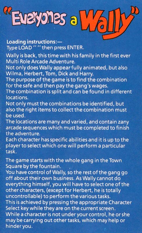 Inside Cover for Everyone's A Wally (The Life of Wally) (ZX Spectrum) (Alternative Software budget reissue)