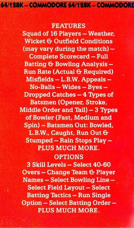 Inside Cover for Cricket Master (Commodore 64) (Challenge Software release)