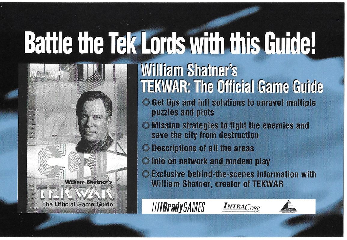 Advertisement for William Shatner's TekWar (DOS): Strategy guide promo- front