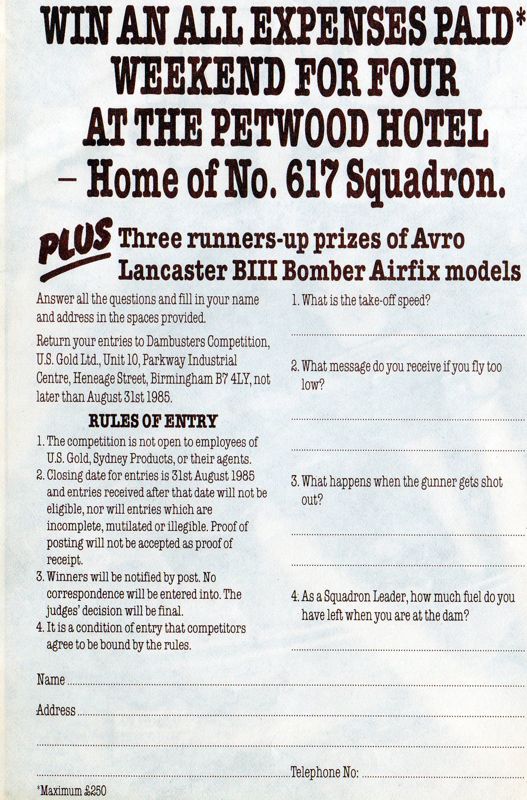 Extras for The Dam Busters (Commodore 64) (cassette version): Competition entry form