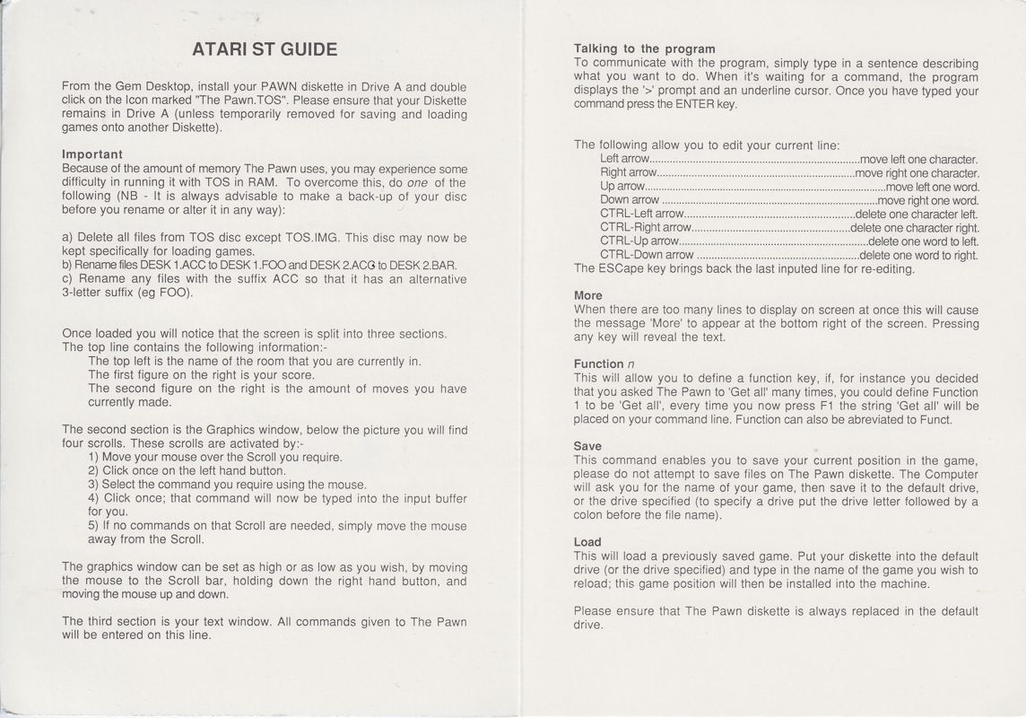 Reference Card for The Pawn (Atari ST): Atari ST Guide inner