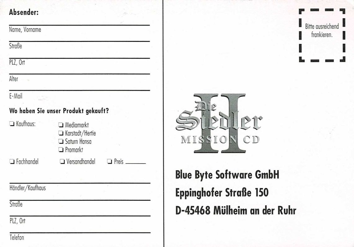 Extras for The Settlers II: Mission CD (DOS): Registration Card - Front