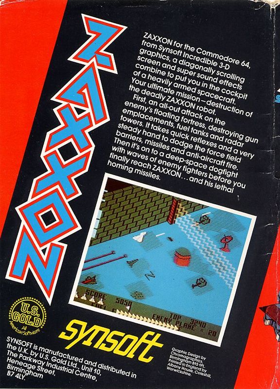 Back Cover for Zaxxon (Commodore 64) (U.S. Gold release in plastic folder, disk)