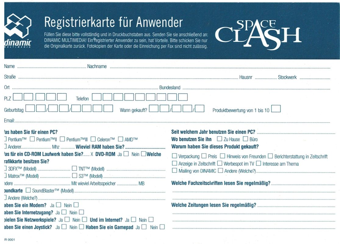 Extras for Space Clash: The Last Frontier (Windows): Registration card