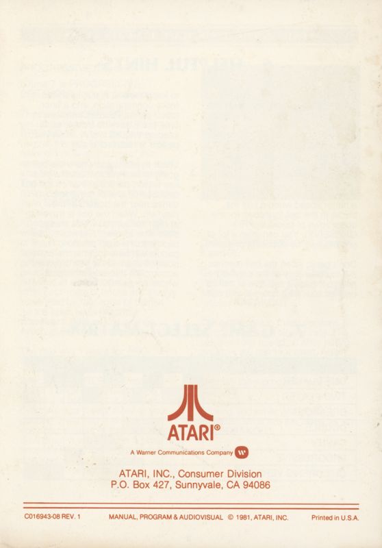 Manual for Super Breakout (Atari 2600): Back