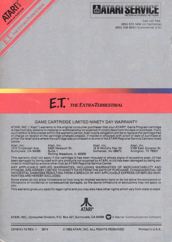 Manual for E.T. The Extra-Terrestrial (Atari 2600): Back