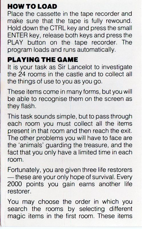 Inside Cover for Sir Lancelot (Amstrad CPC)