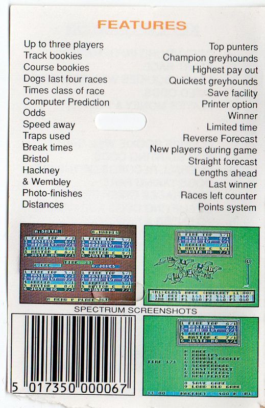 Back Cover for Wembley Greyhounds (ZX Spectrum)