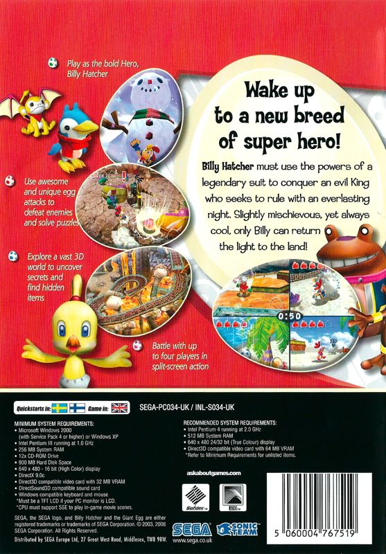 Back Cover for Billy Hatcher and the Giant Egg (Windows)
