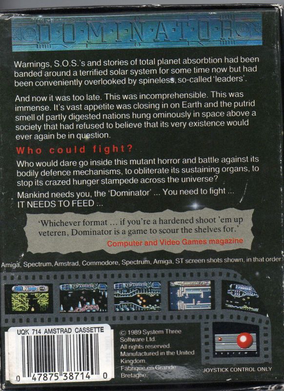 Back Cover for Dominator (Amstrad CPC)