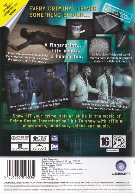 Back Cover for CSI: Crime Scene Investigation - Dark Motives (Windows) (Ubisoft Exclusive release)