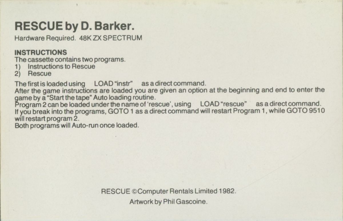 Inside Cover for Rescue (ZX Spectrum)