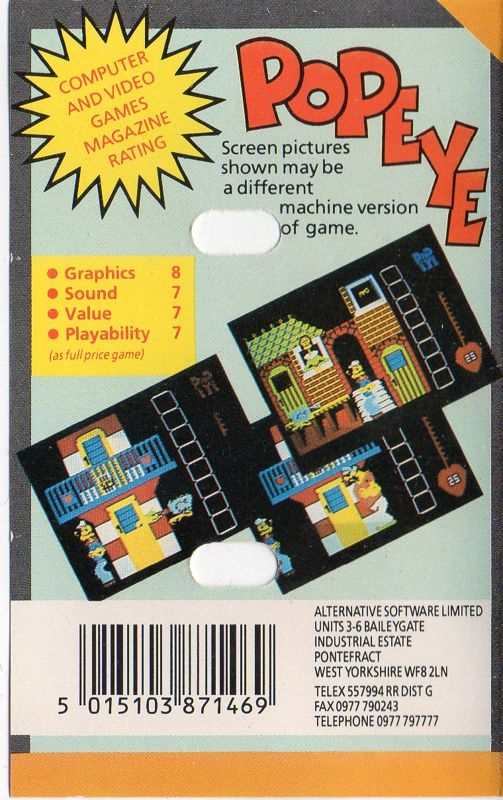 Back Cover for Popeye (Amstrad CPC) (Alternative Software budget reissue)