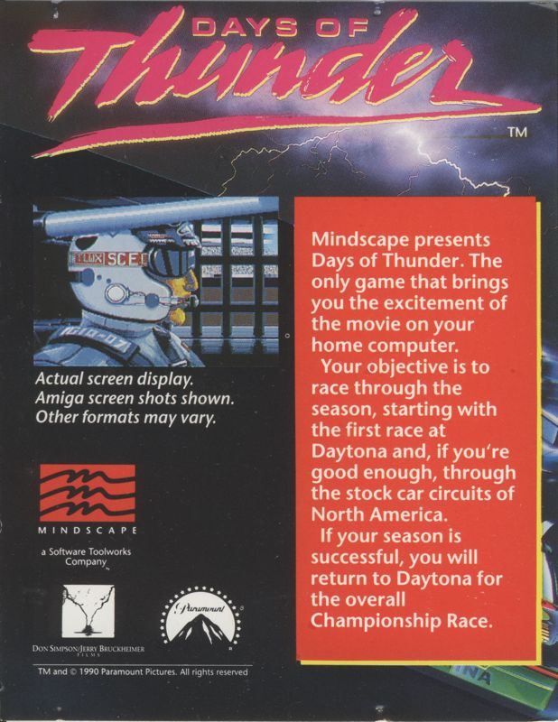 Back Cover for Days of Thunder (ZX Spectrum)