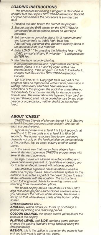 Inside Cover for Super Chess (ZX Spectrum)