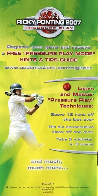 Manual for Brian Lara 2007: Pressure Play (PSP): Back