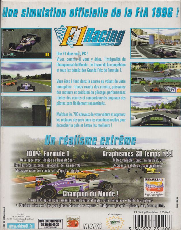 Back Cover for F1 Racing Simulation (Windows)