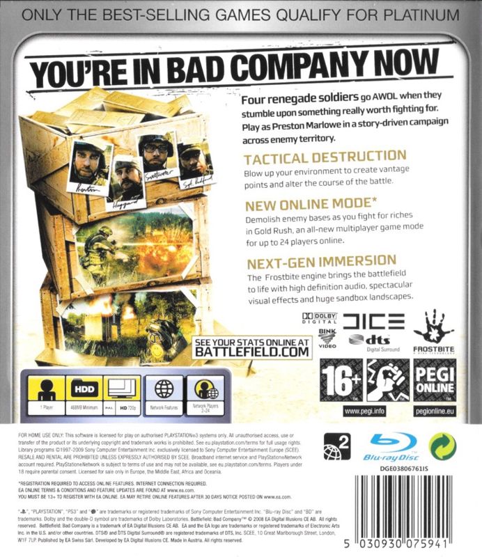 Back Cover for Battlefield: Bad Company (PlayStation 3) (Platinum release)