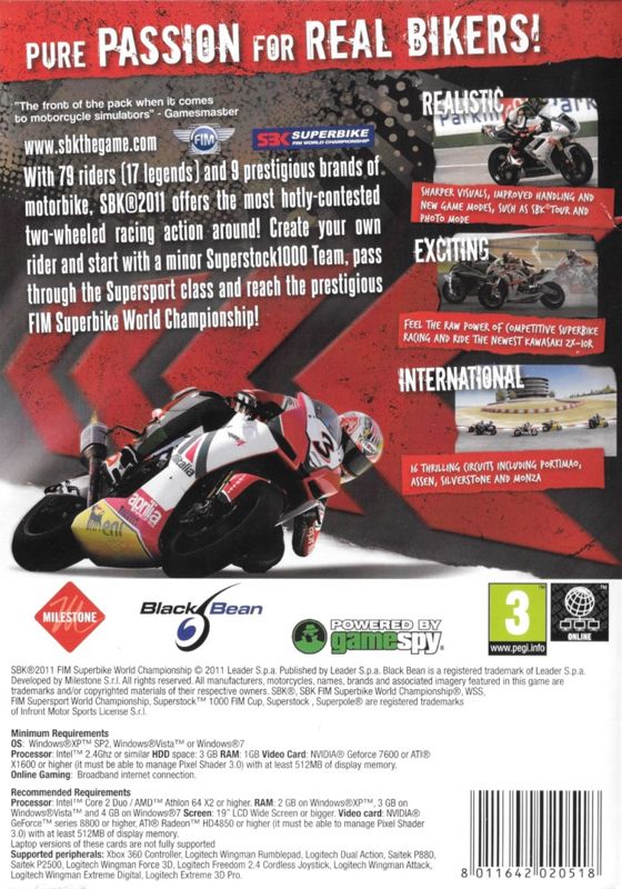 Back Cover for SBK 2011: FIM Superbike World Championship (Windows)