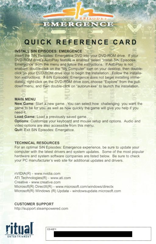 Reference Card for SiN Episodes: Emergence (Windows): Front
