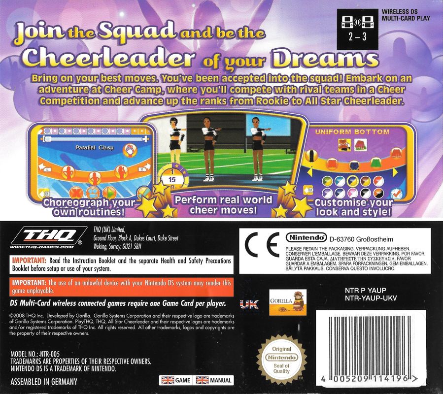 Back Cover for All Star Cheer Squad (Nintendo DS)