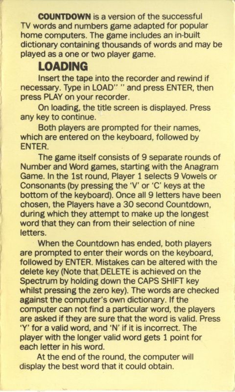 Inside Cover for Countdown (ZX Spectrum)