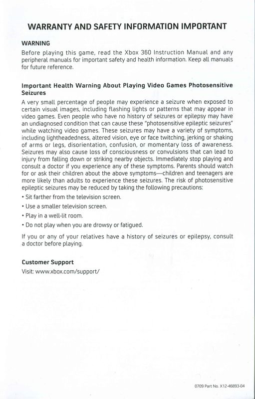 Extras for Kinect Adventures! (Xbox 360): Warranty card - back