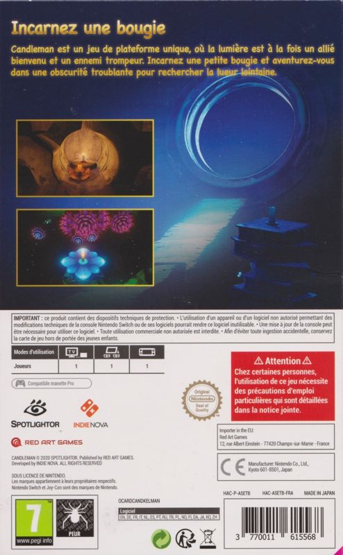 Back Cover for Candleman: The Complete Journey (Nintendo Switch) (Red Art Games release)