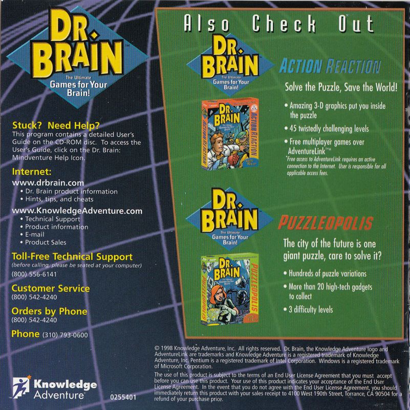 Manual for Dr. Brain Thinking Games: IQ Adventure (Windows) (Mindventure re-release): Back
